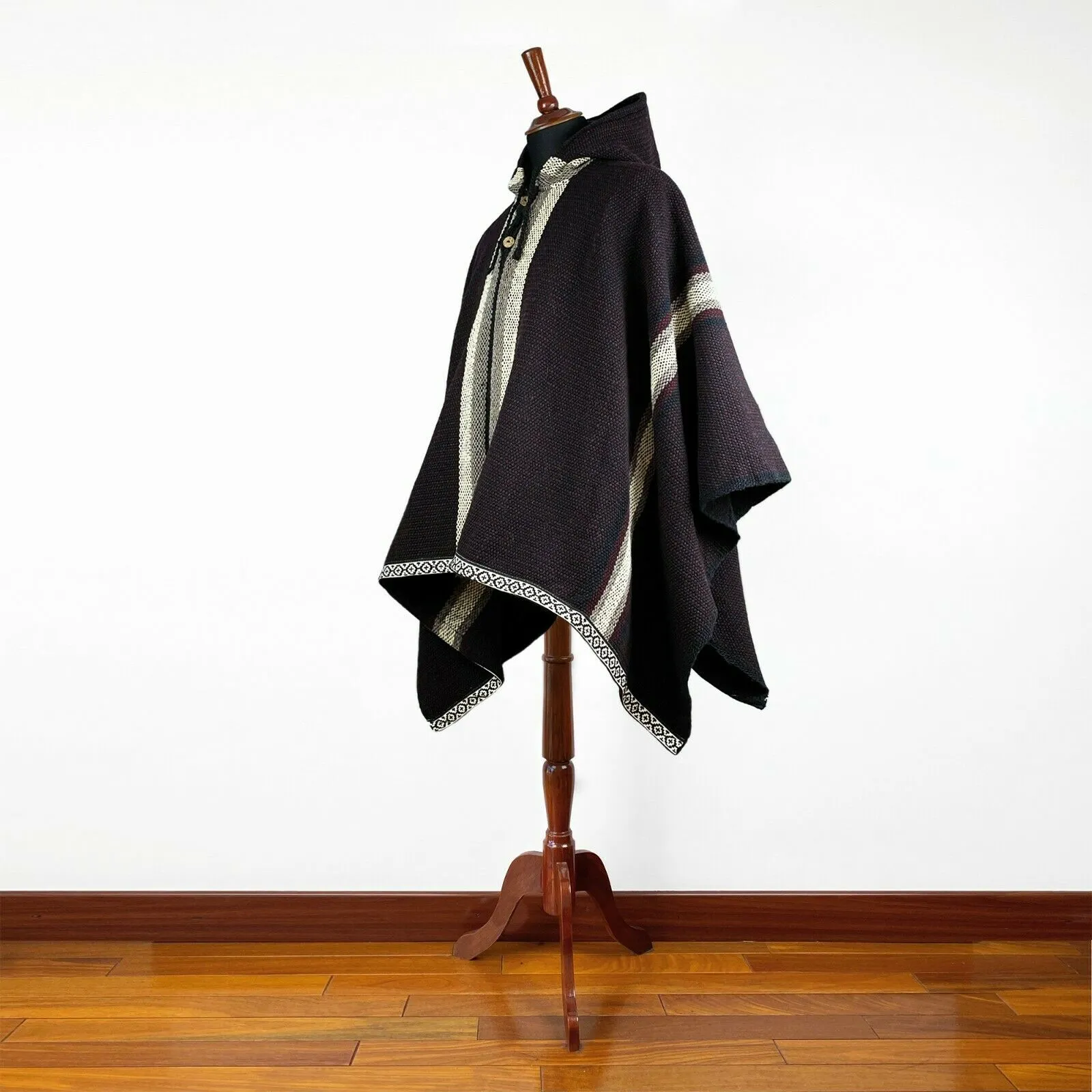 Nanguipa - Llama Wool Unisex South American Handwoven Wide Thick Poncho - striped pattern