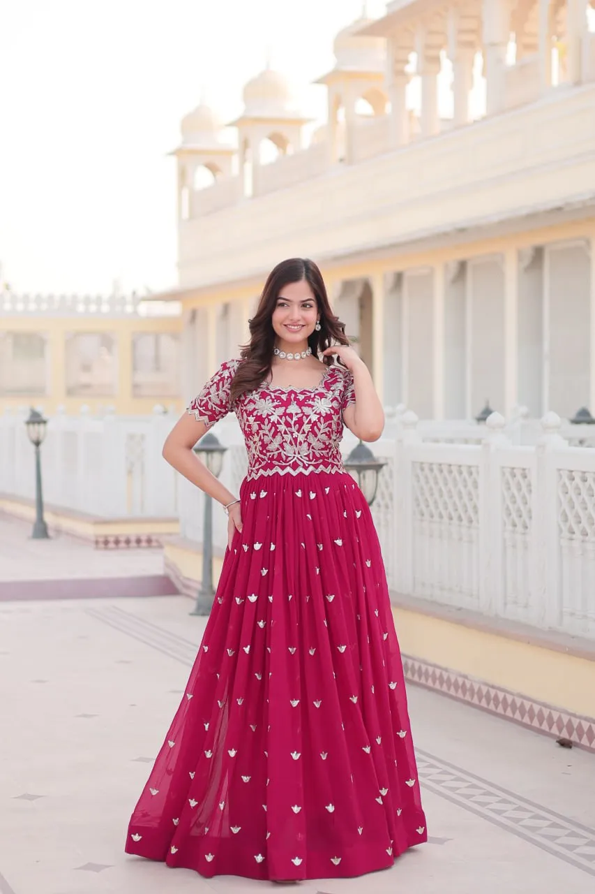 Pink Faux Blooming Sequin Ready to Wear Embroidered Gown