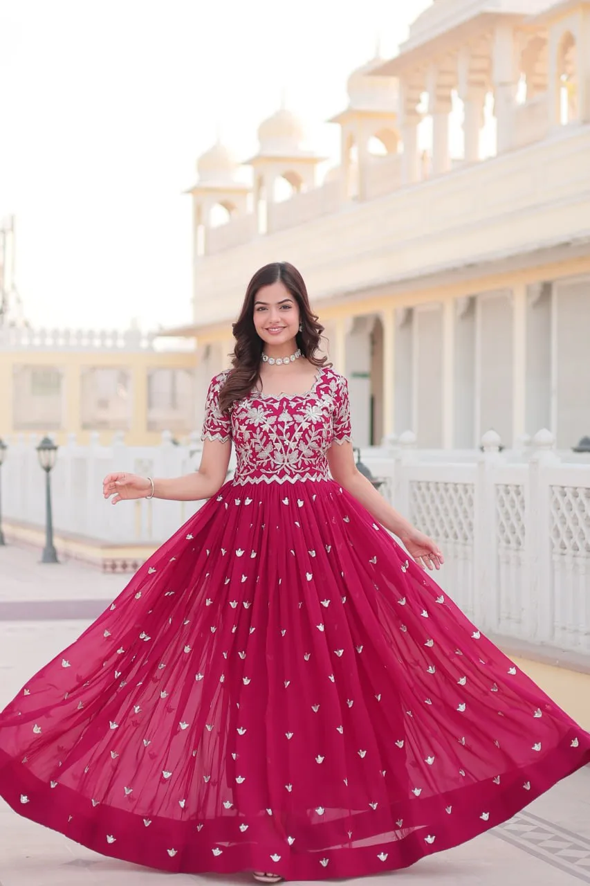 Pink Faux Blooming Sequin Ready to Wear Embroidered Gown