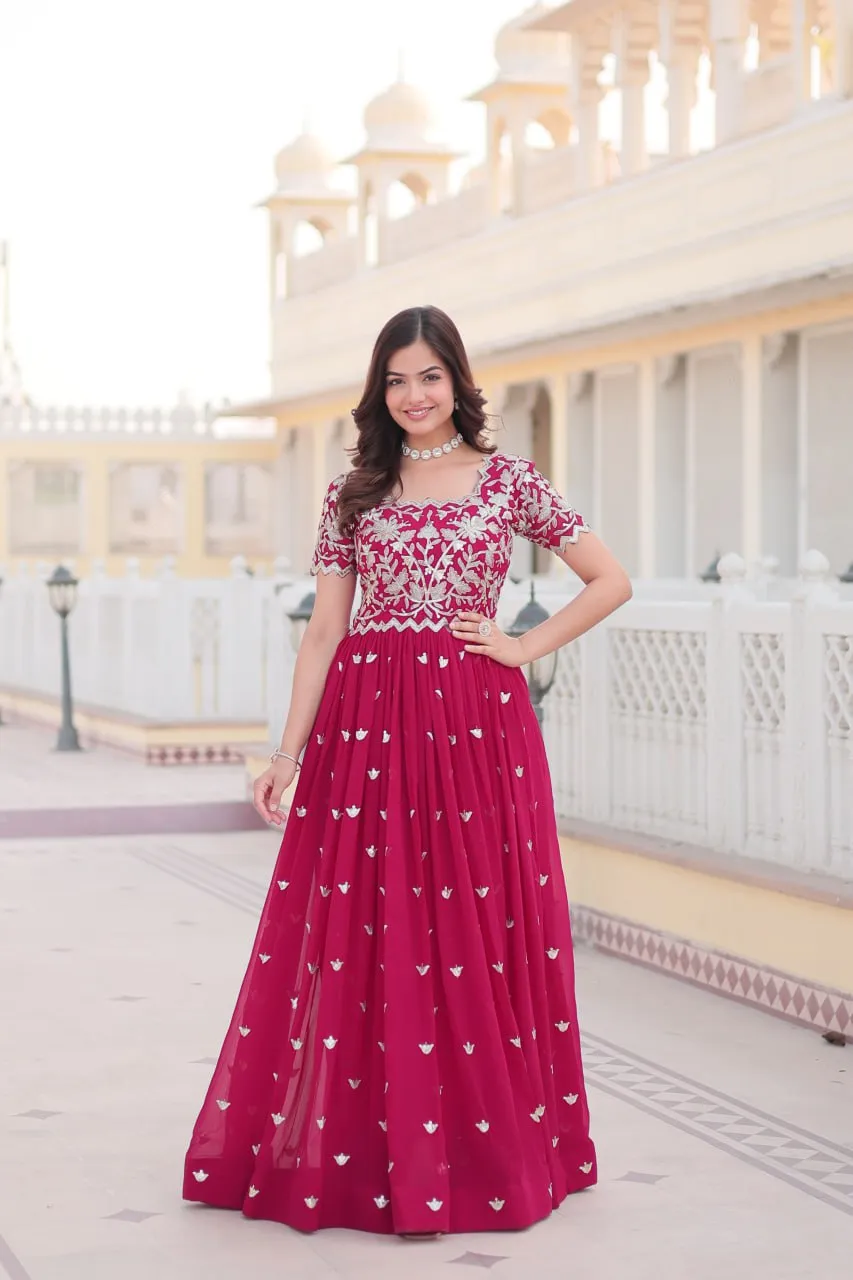 Pink Faux Blooming Sequin Ready to Wear Embroidered Gown