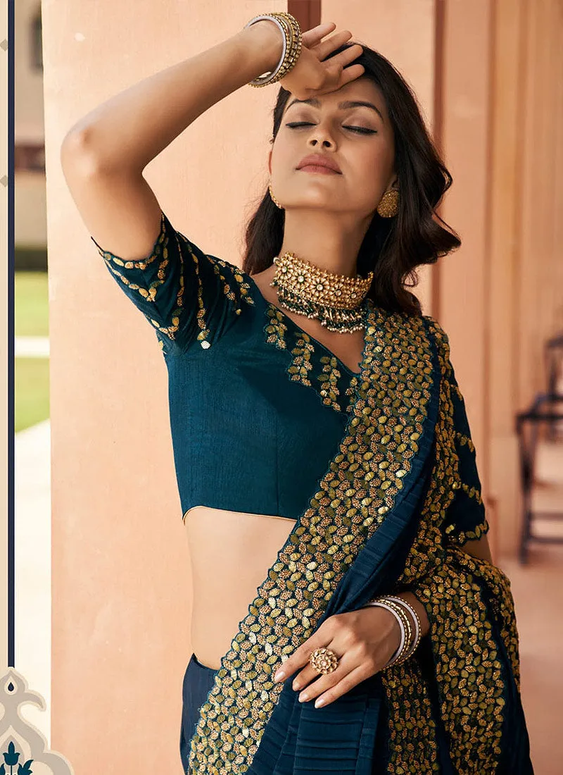 Royal Blue Embroidered Party Wear Indian Silk Saree