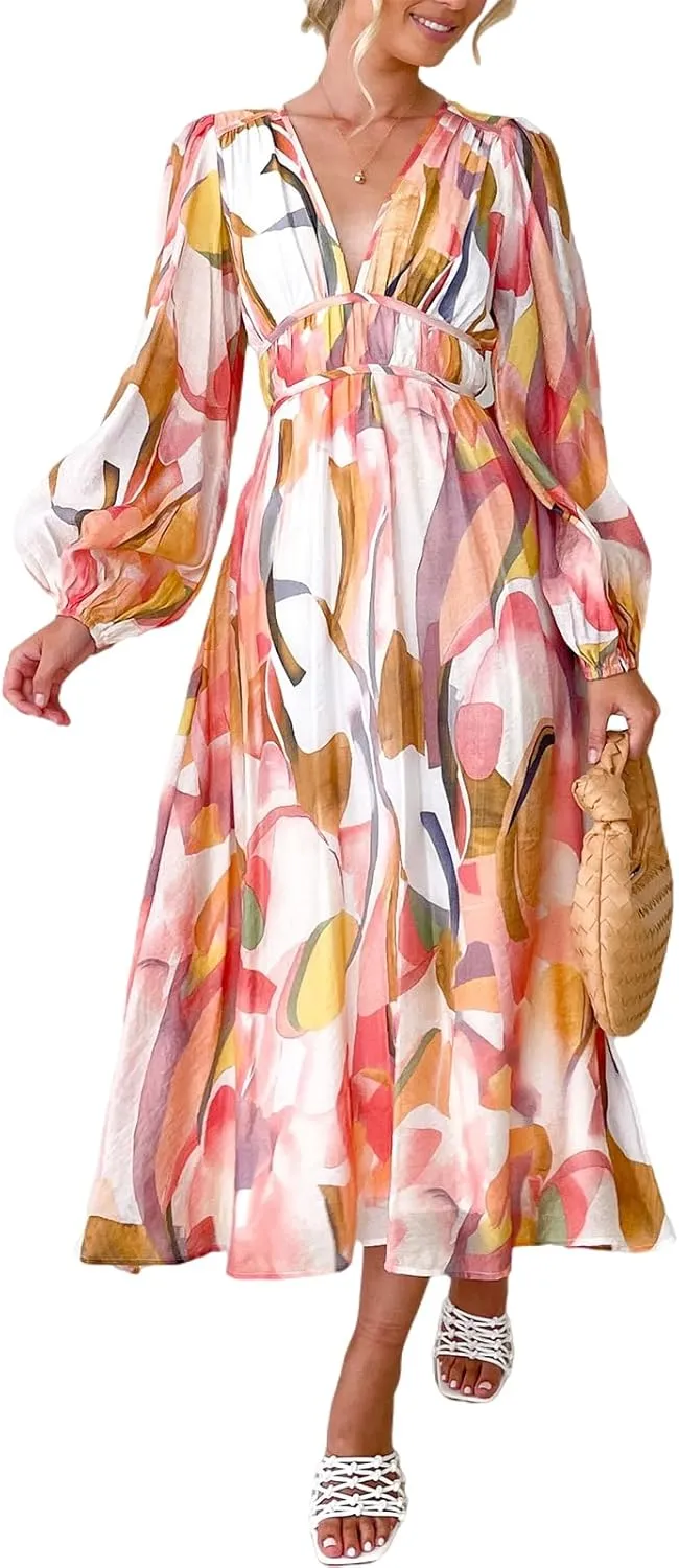 Sissyaki Women's Long Sleeve Boho Floral Maxi Dress Smocked Beach Flowy Dress