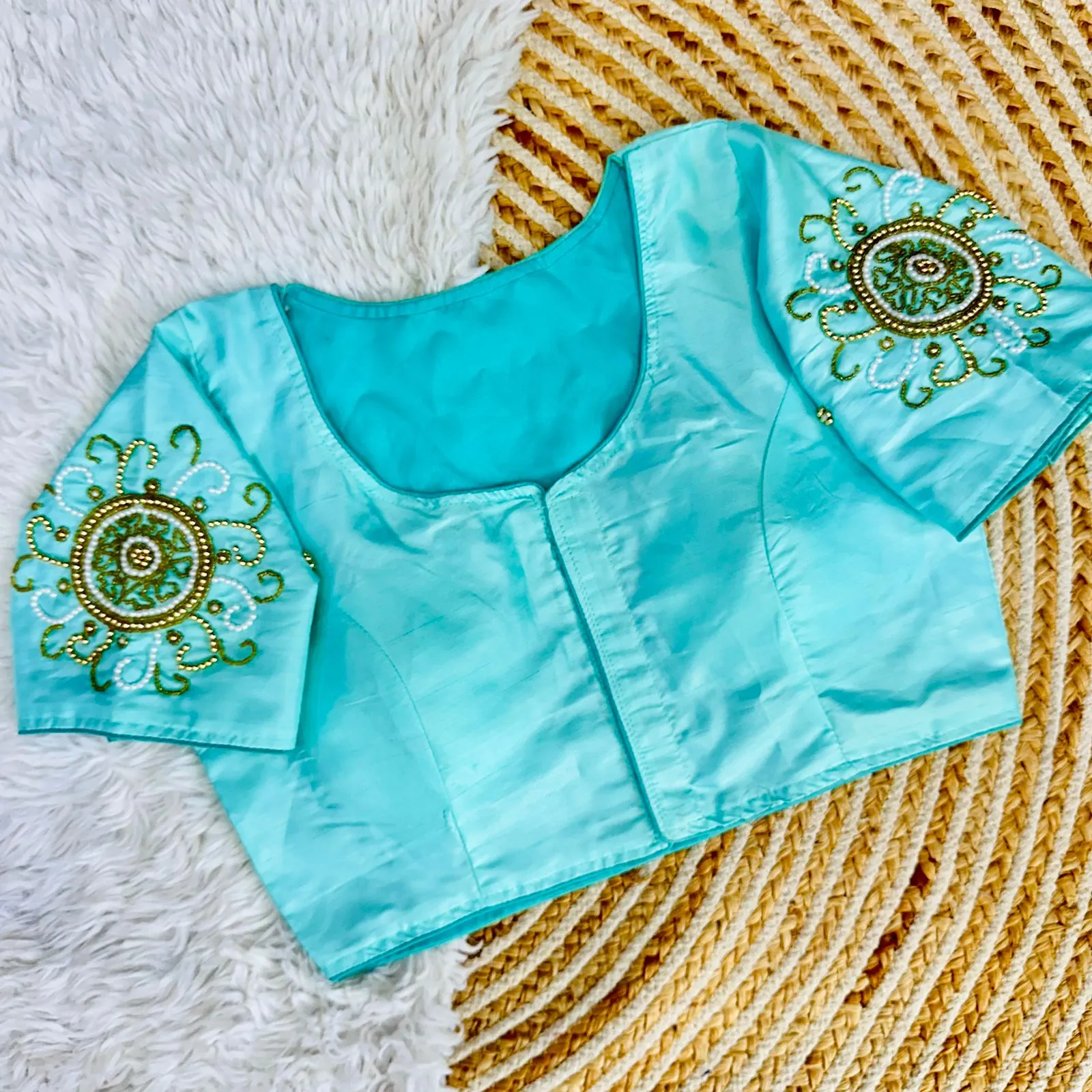 Sky Blue Golden Handcrafted Makhana Silk Blouse with White Pearl Accents