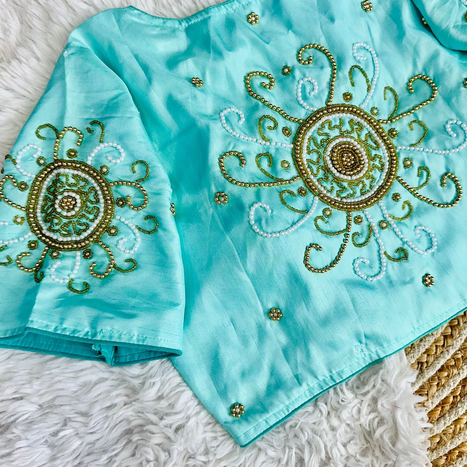 Sky Blue Golden Handcrafted Makhana Silk Blouse with White Pearl Accents