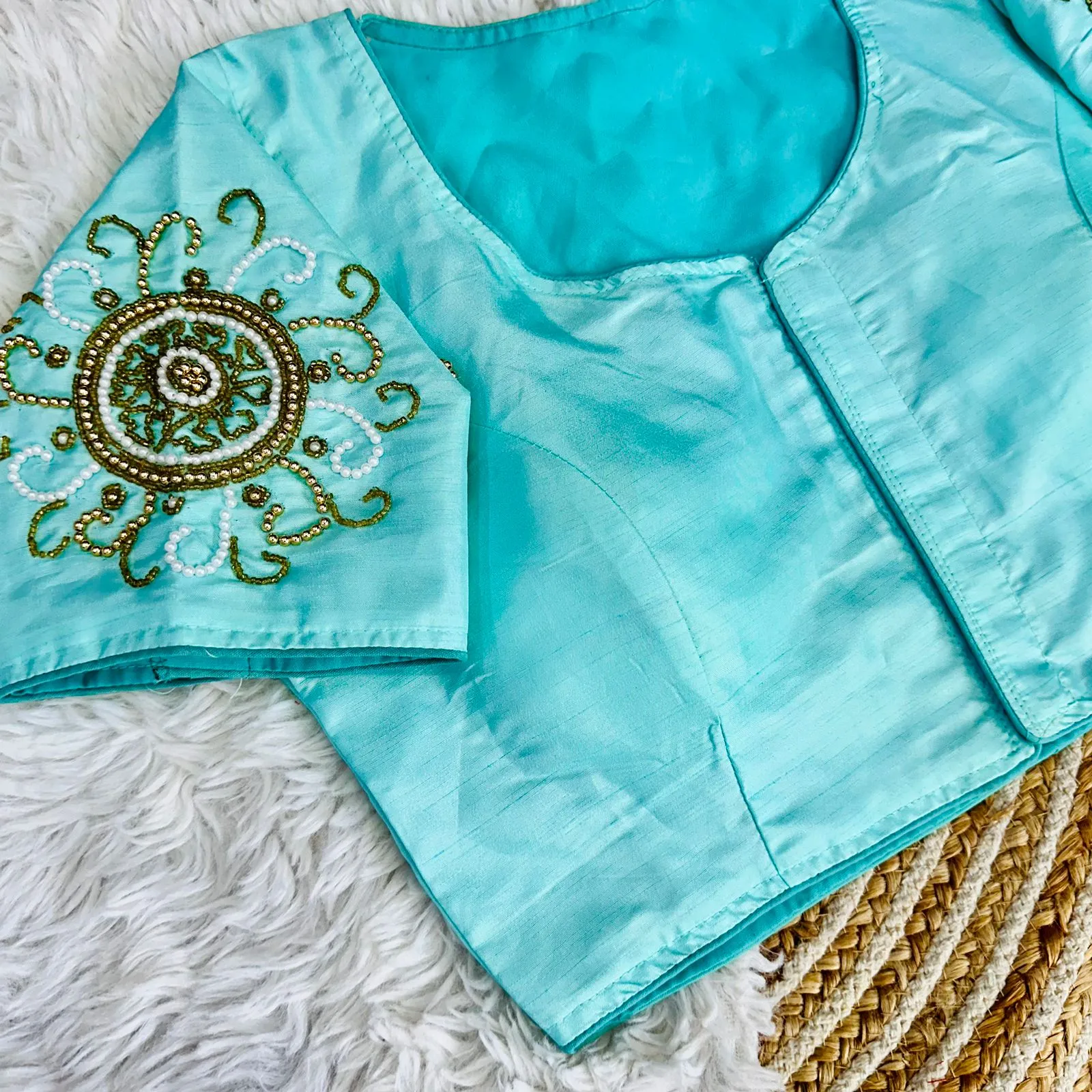 Sky Blue Golden Handcrafted Makhana Silk Blouse with White Pearl Accents