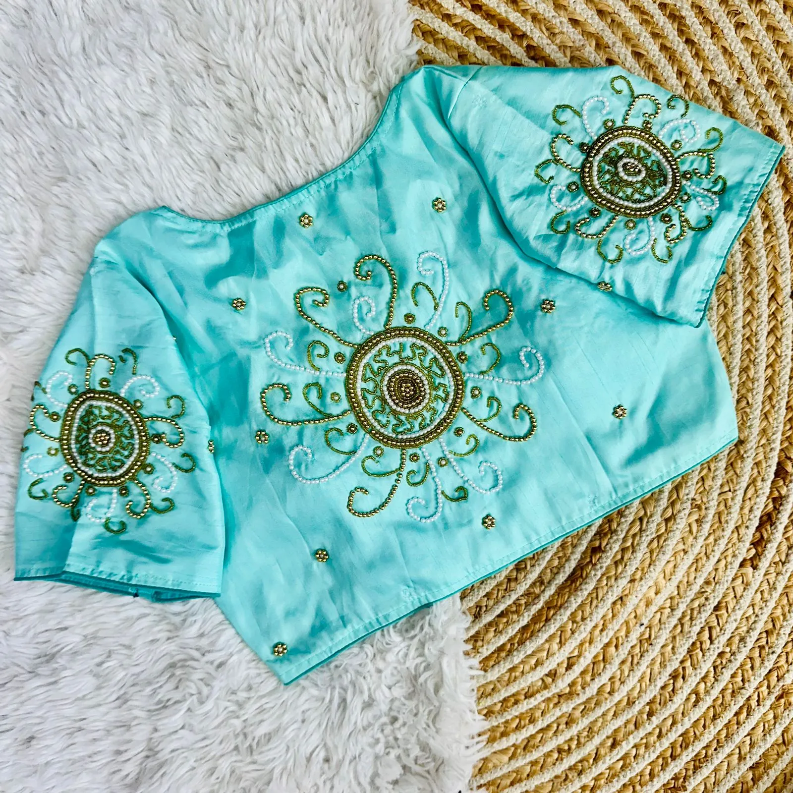 Sky Blue Golden Handcrafted Makhana Silk Blouse with White Pearl Accents