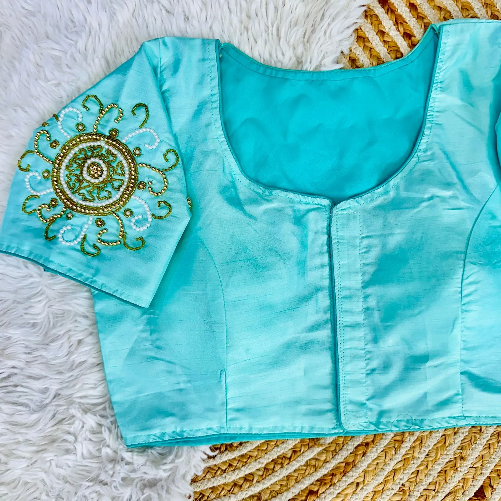 Sky Blue Golden Handcrafted Makhana Silk Blouse with White Pearl Accents