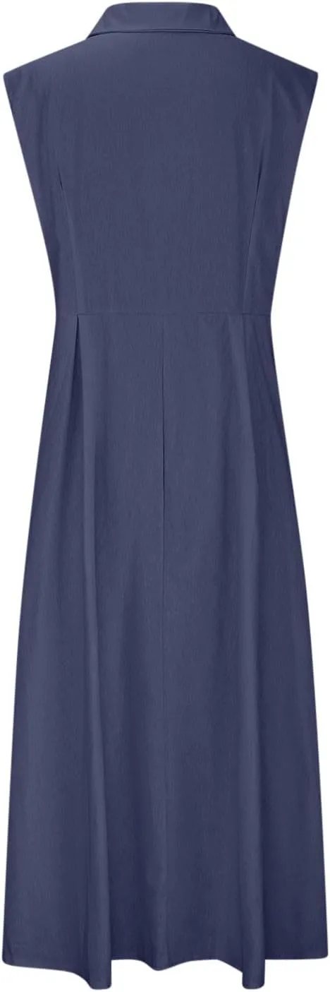 Sleeveless Dresses for Women Full Button Down Collared Cotton Linen Long Dresses Flowy Pleated Business Work Dress