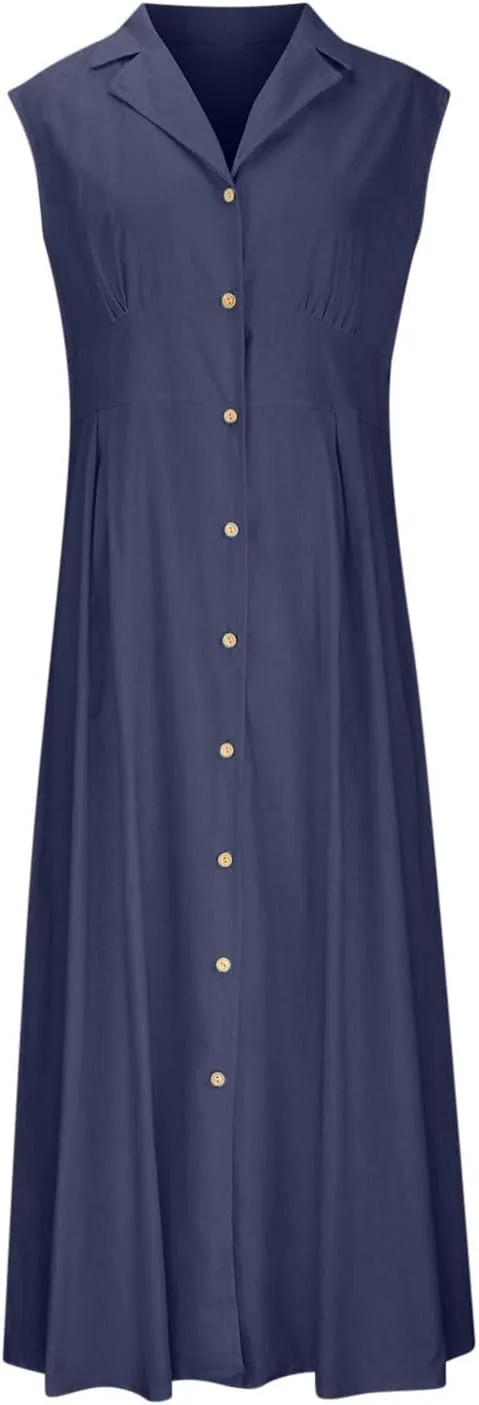 Sleeveless Dresses for Women Full Button Down Collared Cotton Linen Long Dresses Flowy Pleated Business Work Dress