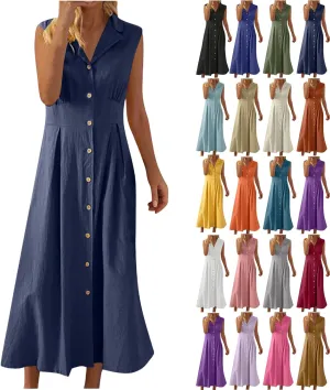 Sleeveless Dresses for Women Full Button Down Collared Cotton Linen Long Dresses Flowy Pleated Business Work Dress