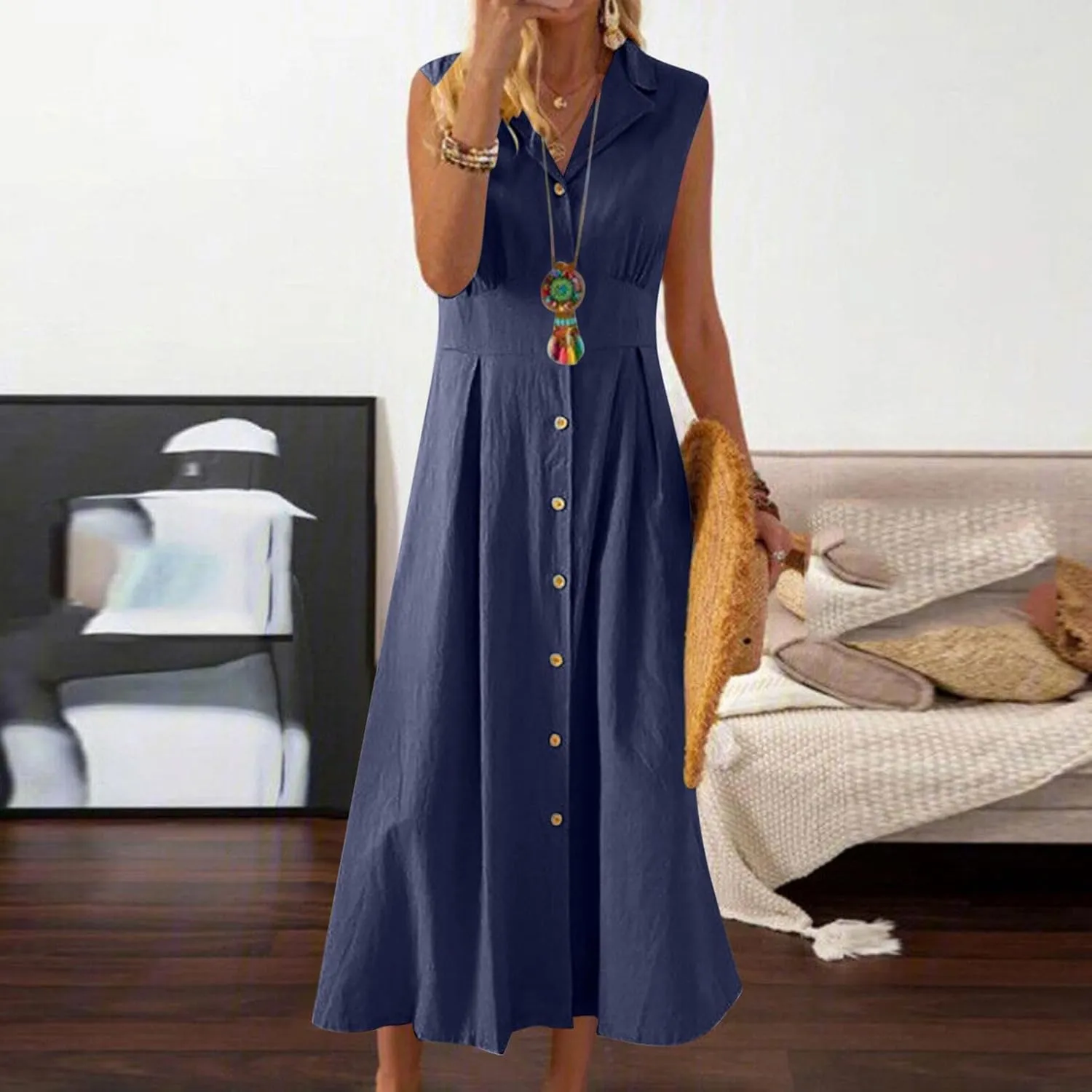 Sleeveless Dresses for Women Full Button Down Collared Cotton Linen Long Dresses Flowy Pleated Business Work Dress