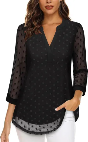 Timeson Women's 3/4 Sleeve Blouses Casual V Neck Dress Shirts Double Layers Mesh Tunics Tops