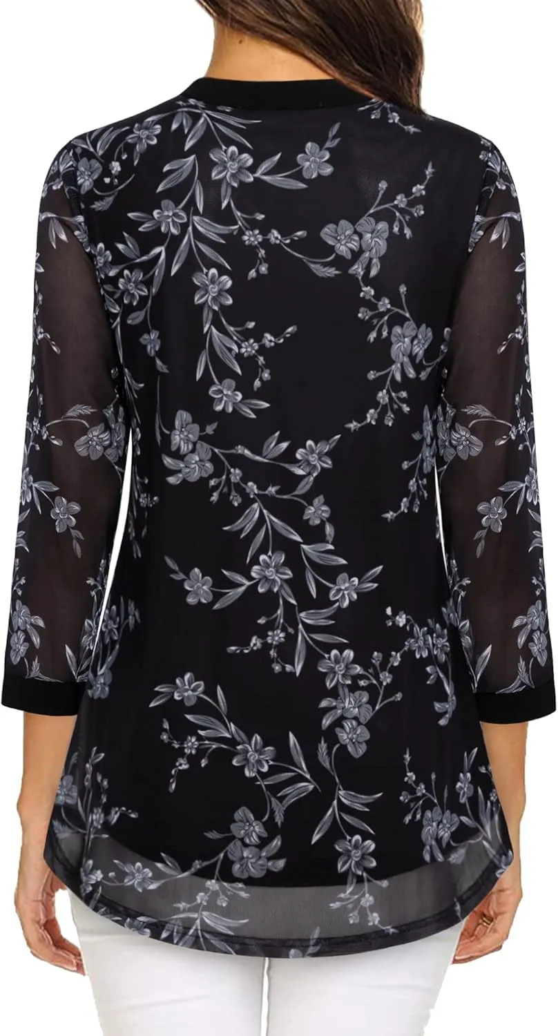 Timeson Women's 3/4 Sleeve Blouses Casual V Neck Dress Shirts Double Layers Mesh Tunics Tops