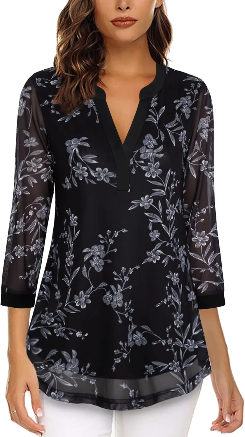 Timeson Women's 3/4 Sleeve Blouses Casual V Neck Dress Shirts Double Layers Mesh Tunics Tops