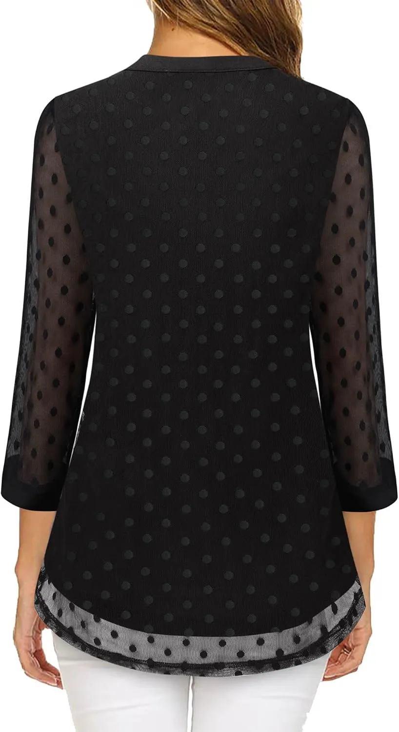 Timeson Women's 3/4 Sleeve Blouses Casual V Neck Dress Shirts Double Layers Mesh Tunics Tops
