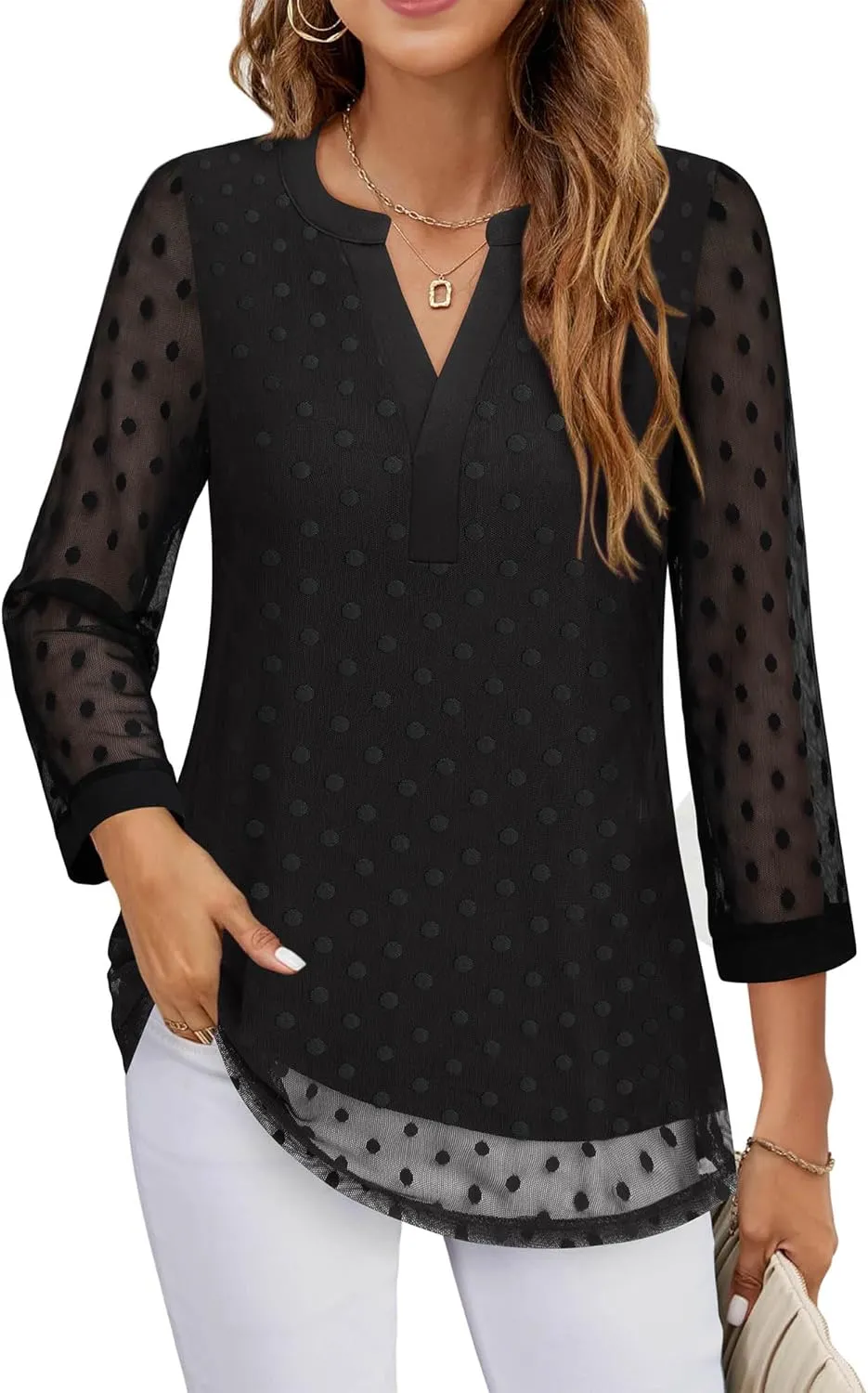 Timeson Women's 3/4 Sleeve Blouses Casual V Neck Dress Shirts Double Layers Mesh Tunics Tops
