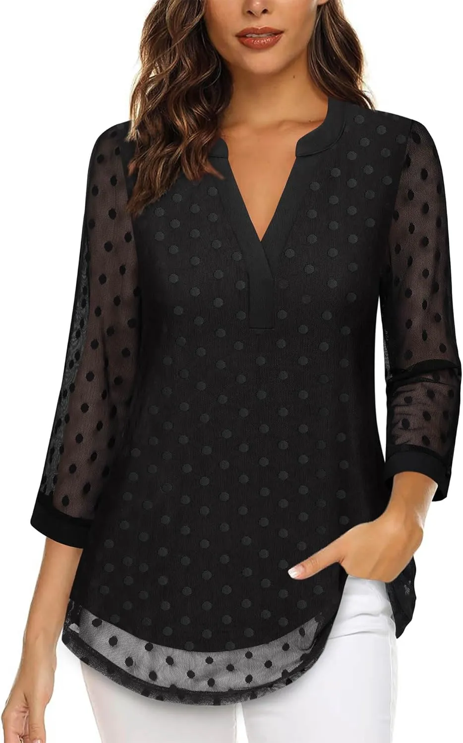 Timeson Women's 3/4 Sleeve Blouses Casual V Neck Dress Shirts Double Layers Mesh Tunics Tops