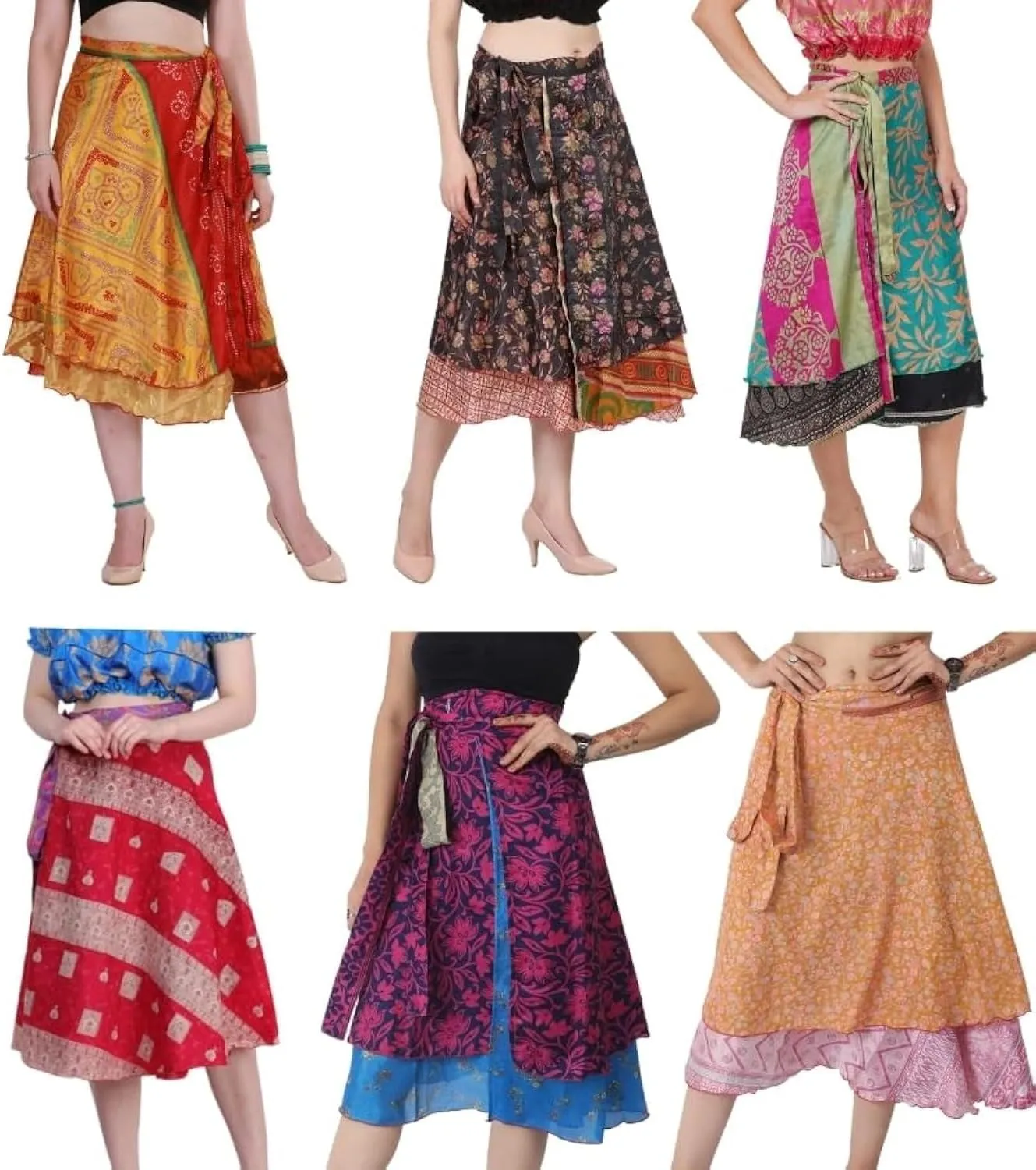Wevez Pack of 3 Pcs Original Two Layer Printed Wrap Around Skirts (Midi Length)