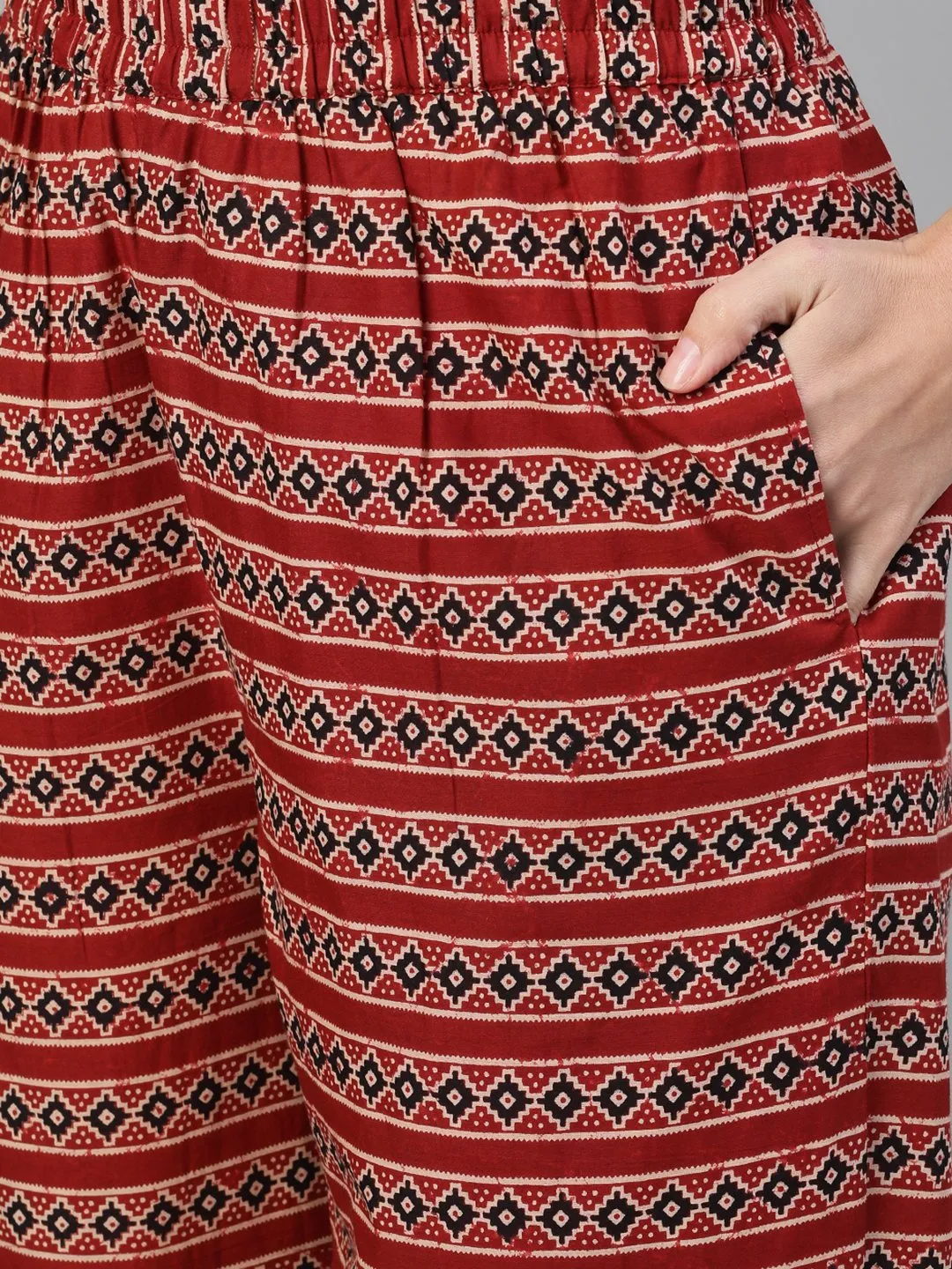 Women Maroon And Black Three-Quarter Sleeves Printed Kurta-Palazzo With Pockets Dupatta And Fask Mask