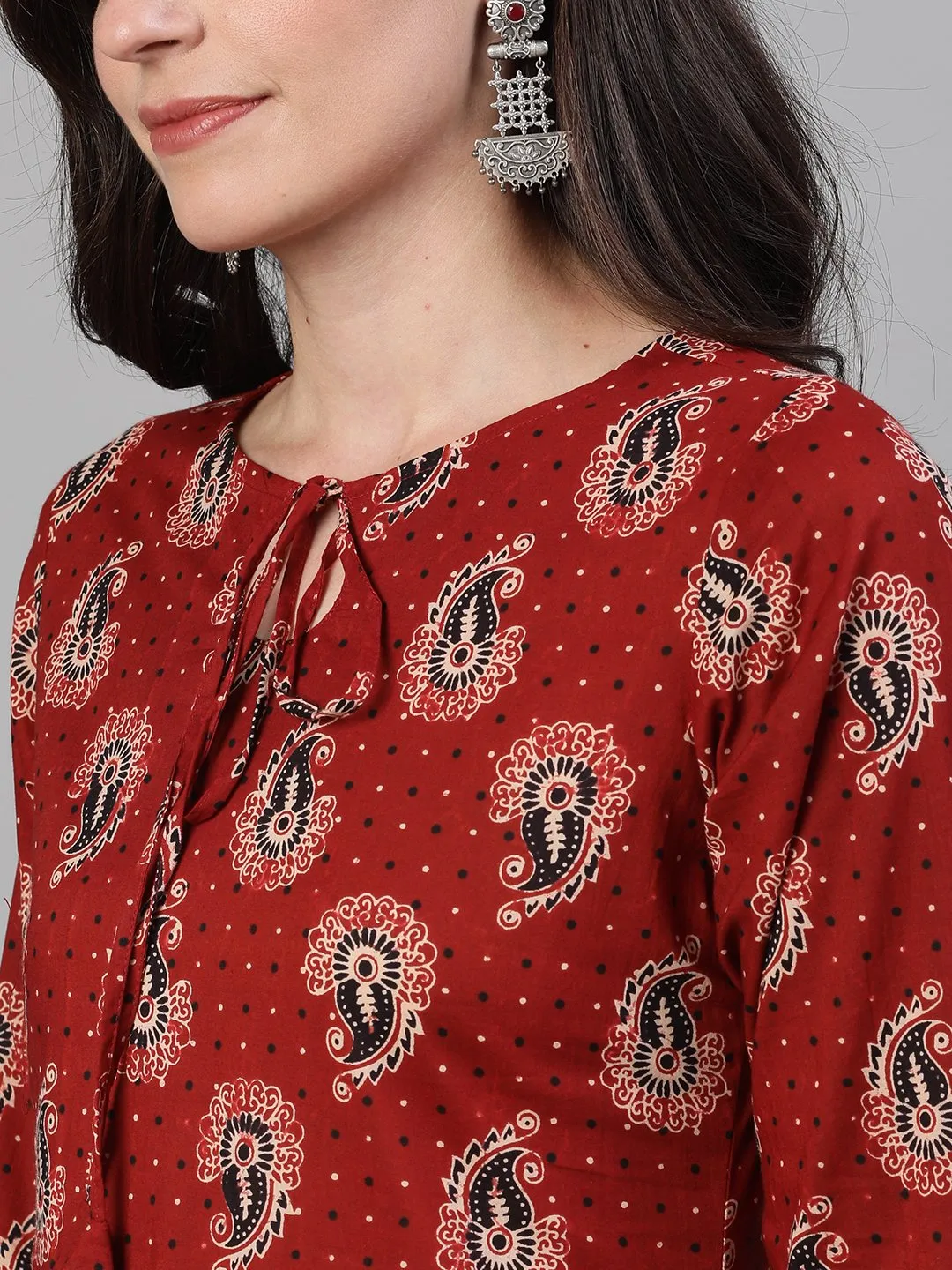 Women Maroon And Black Three-Quarter Sleeves Printed Kurta-Palazzo With Pockets Dupatta And Fask Mask