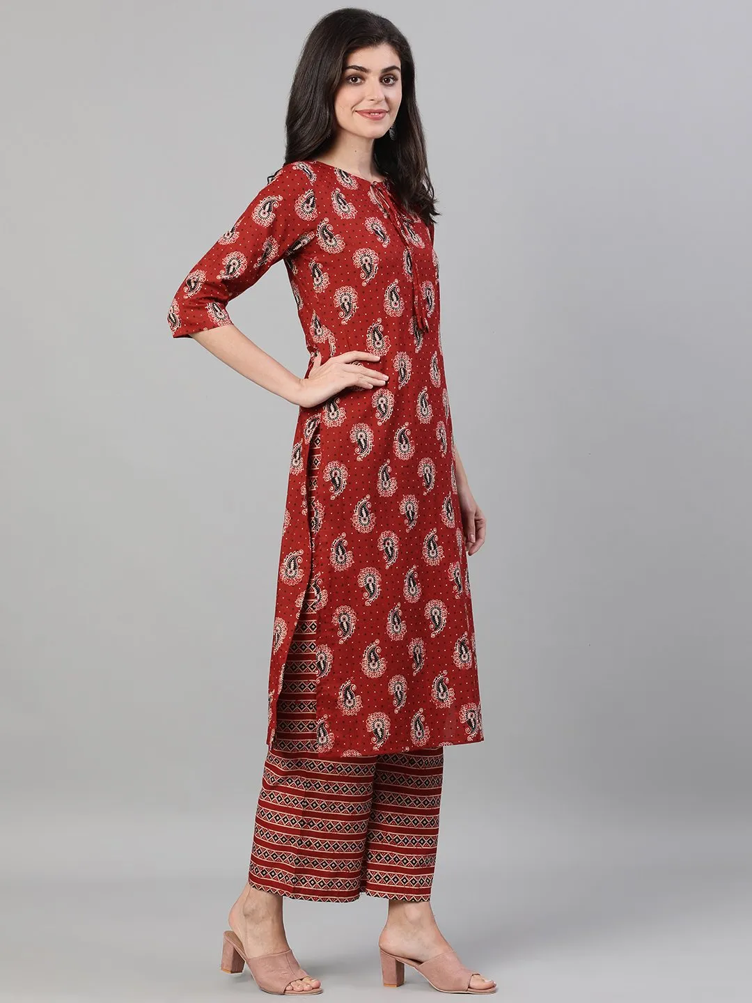 Women Maroon And Black Three-Quarter Sleeves Printed Kurta-Palazzo With Pockets Dupatta And Fask Mask