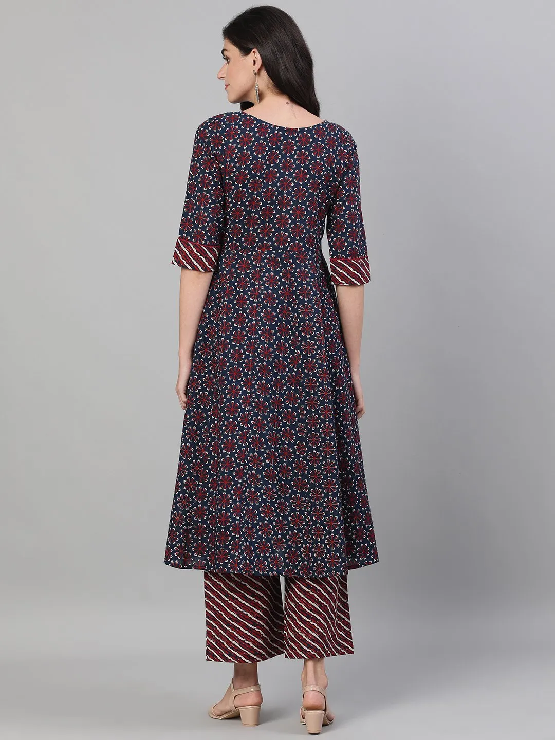 Women Navy Blue Three-Quarter Sleeves Anarkali Kurta With Palazzo And Pockets
