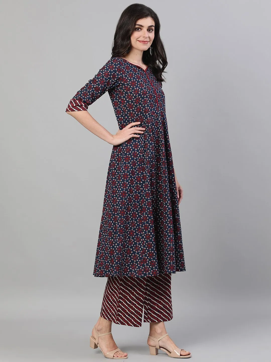 Women Navy Blue Three-Quarter Sleeves Anarkali Kurta With Palazzo And Pockets