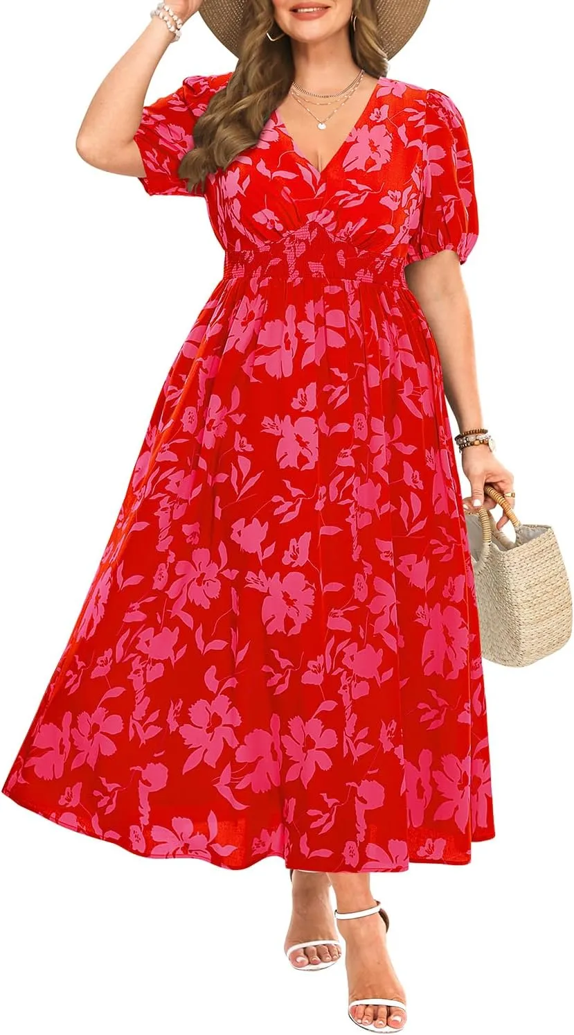 Women Plus Size Summer Dress - Easter Spring Floral Wedding Guest Maxi Long Dress