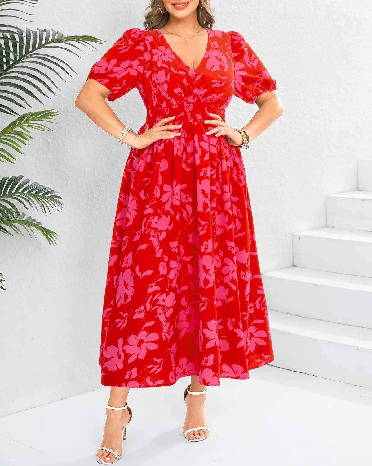 Women Plus Size Summer Dress - Easter Spring Floral Wedding Guest Maxi Long Dress