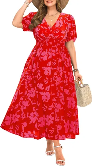 Women Plus Size Summer Dress - Easter Spring Floral Wedding Guest Maxi Long Dress