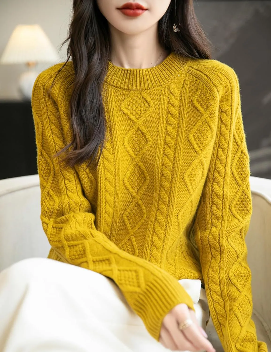 Women's 100% Merino Wool Sweater 2025 Fall Winter Casual Crewneck Long Sleeve Vintage Cable Knitted Sweater
