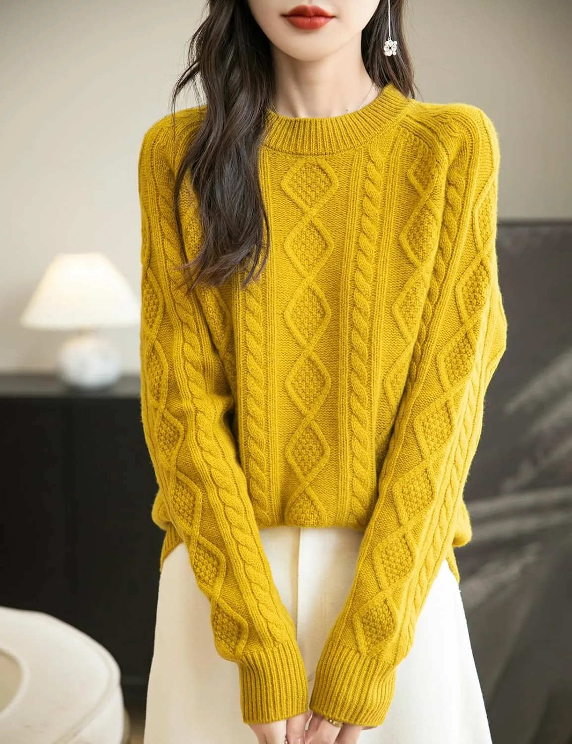 Women's 100% Merino Wool Sweater 2025 Fall Winter Casual Crewneck Long Sleeve Vintage Cable Knitted Sweater