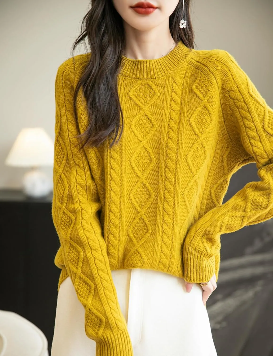 Women's 100% Merino Wool Sweater 2025 Fall Winter Casual Crewneck Long Sleeve Vintage Cable Knitted Sweater