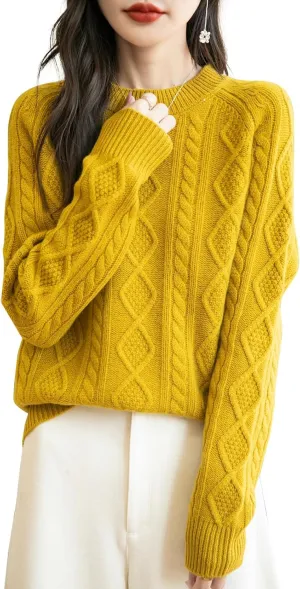 Women's 100% Merino Wool Sweater 2025 Fall Winter Casual Crewneck Long Sleeve Vintage Cable Knitted Sweater