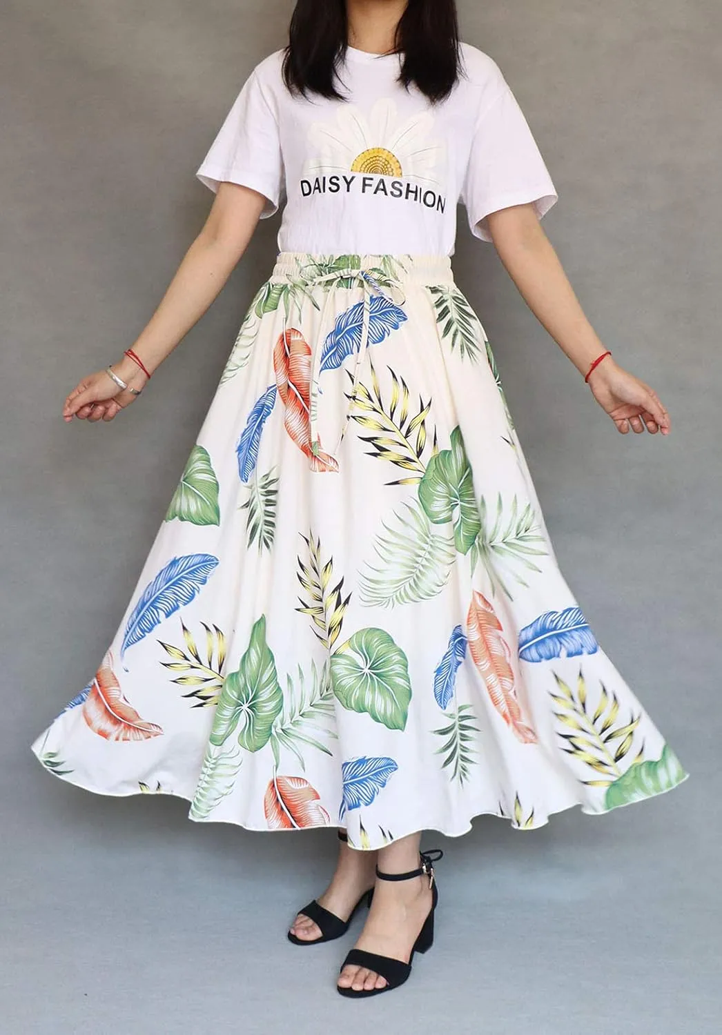 Womens High Waisted Skirt Chiffon Boho Printed Vintage Pockets Swing A-Line Long Skirts