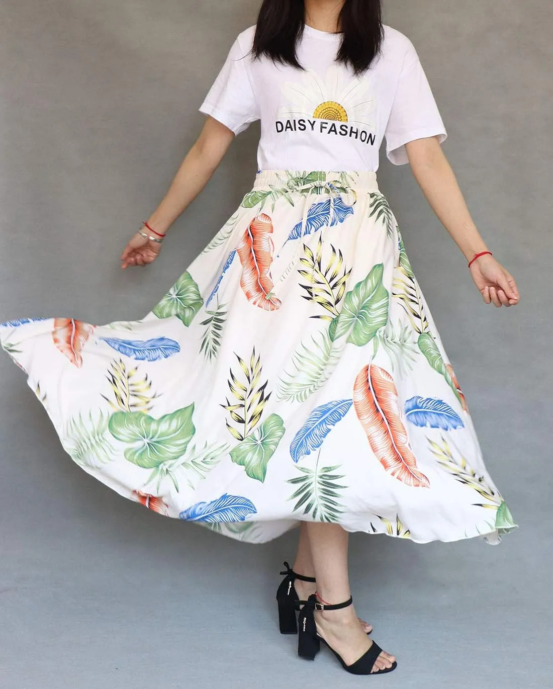 Womens High Waisted Skirt Chiffon Boho Printed Vintage Pockets Swing A-Line Long Skirts