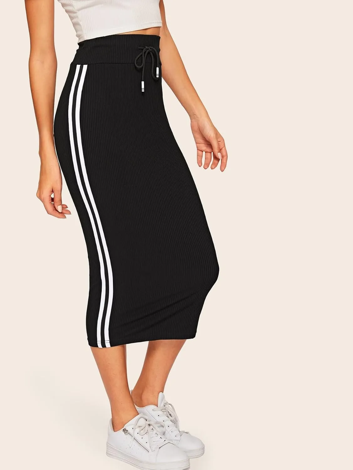 Women's Maxi Skirt Summer Midi High Waist Side Stripe Rib-Knit Drawstring Waist Skirt