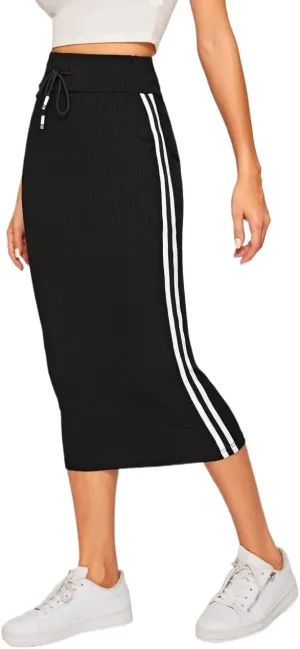 Women's Maxi Skirt Summer Midi High Waist Side Stripe Rib-Knit Drawstring Waist Skirt