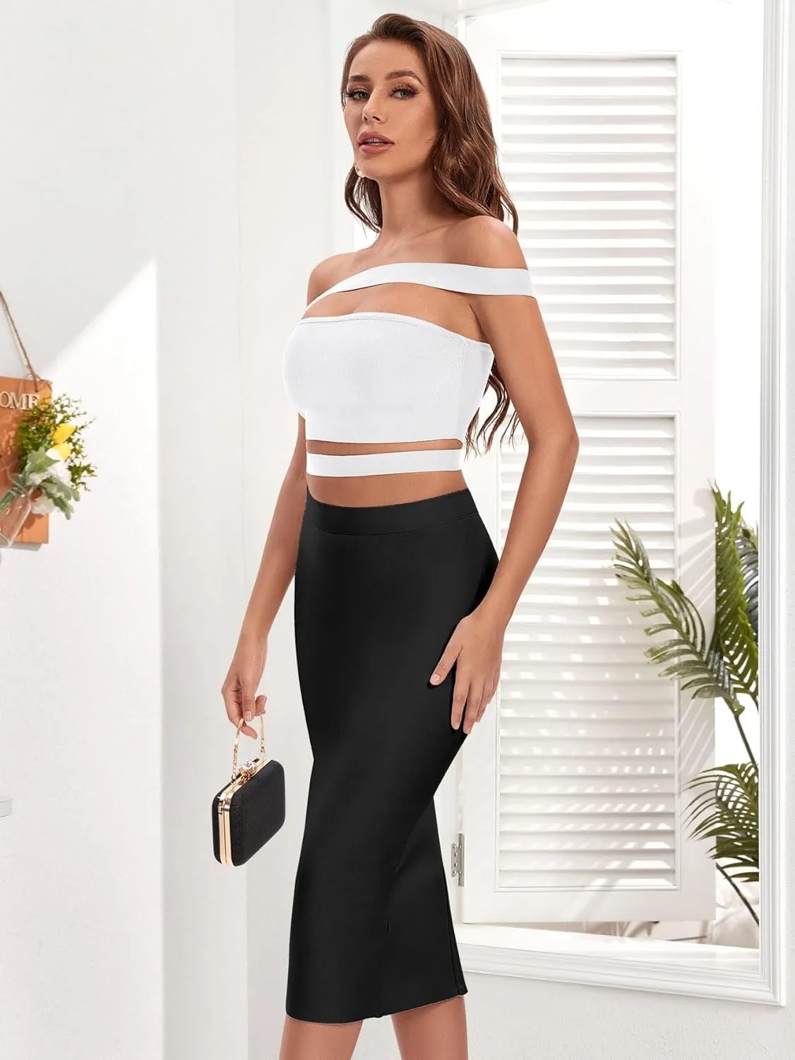 Women's Maxi Skirt Summer Midi High Waist Zipper Back Slit Hem Pencil Skirt