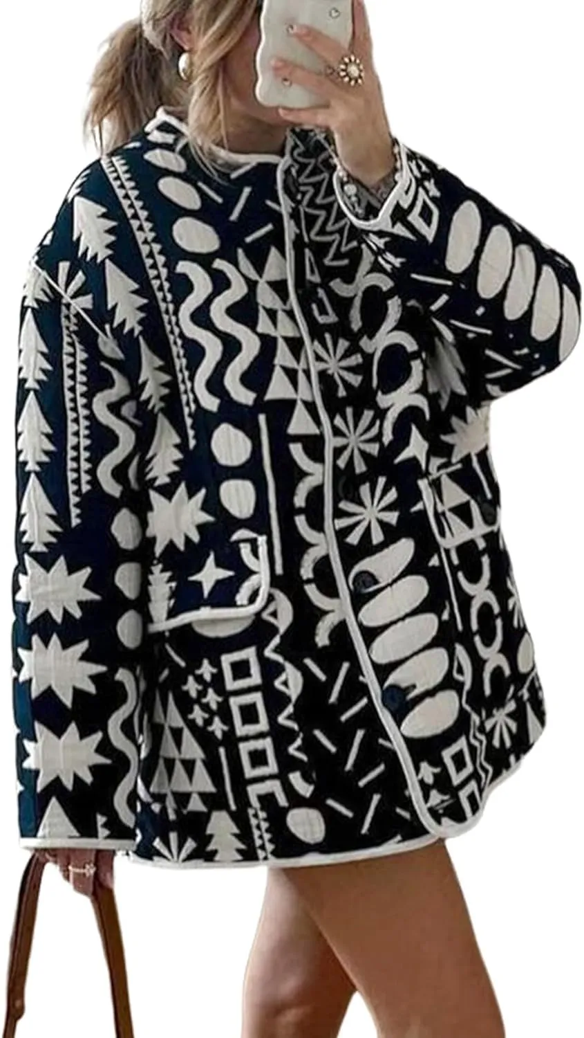 YKR Women's Quilted Lightweight Jacket Floral Print Padded Cardigan Button Down Puffer Coat Outwear Navy S