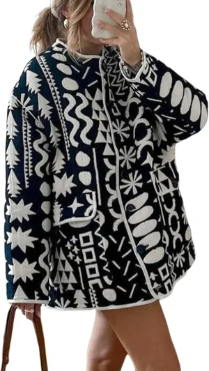 YKR Women's Quilted Lightweight Jacket Floral Print Padded Cardigan Button Down Puffer Coat Outwear Navy S